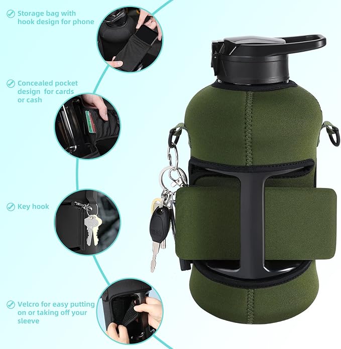 youcanplato 74 oz Half Gallon Water Bottle with Sleeve-Large Water Bottle -Big Gym Water Bottle for Man or Women with Straw- Water Jug with Handle -BPA Free- Leakproof, Workout bottle,Army Green