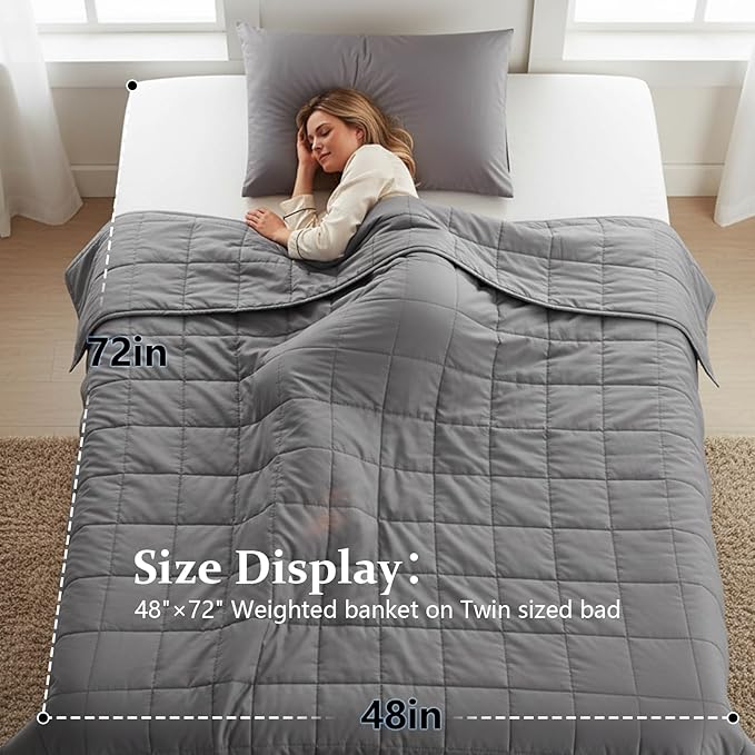 Weighted Blanket for Adults (15 lbs, 48"x 72") Twin Size Heavy Blanket, Breathable Cotton with Natural Glass Beads, Machine Washable