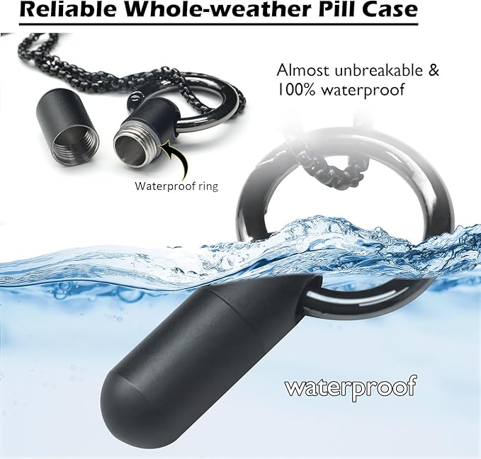 Small Pill Box Necklace Black Titanium Mini Pill Case with Necklace Chain Tiny Pill Case for Men Waterproof Pill Holder Emergency Aspirin & Nitro Pill Container Stocking Stuffers Christmas Gifts