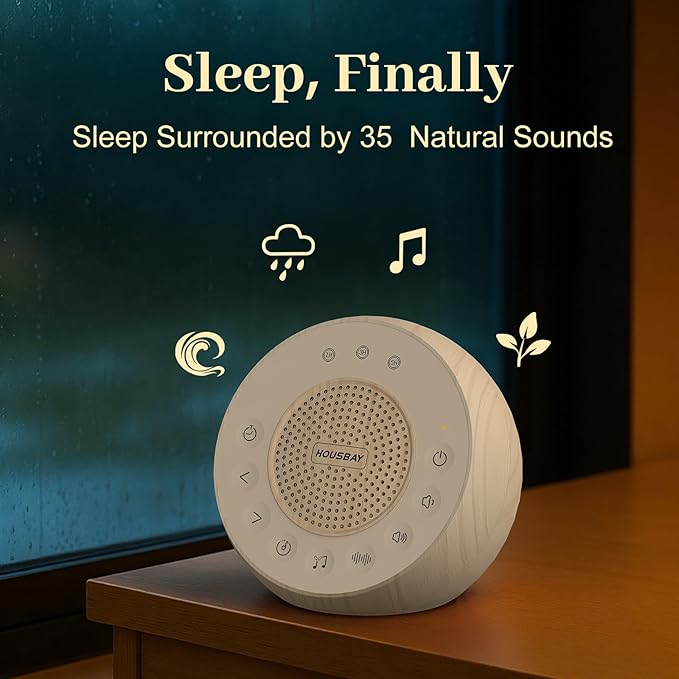 Housbay White Noise Sound Machine for Sleeping, 35 Soothing Sounds, Small Sleep Machine for Adults, Wood Grain Design for Bedroom & Noise Canceling