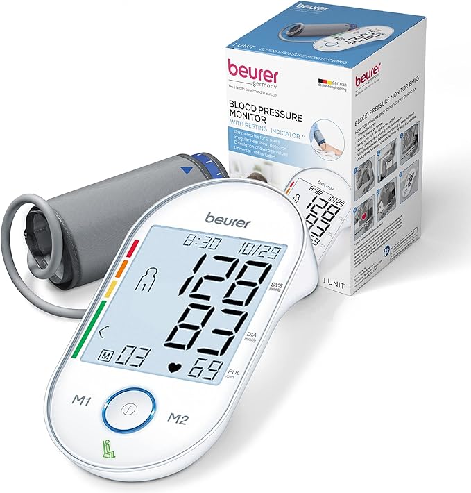 Beurer BM55 Blood Pressure Machine – XL Backlit Display, Arrhythmia Alarm, Portable Storage Kit, 2 Users, Automatic Blood Pressure Cuff, Resting Indicator – Blood Pressure Monitor Batteries Included