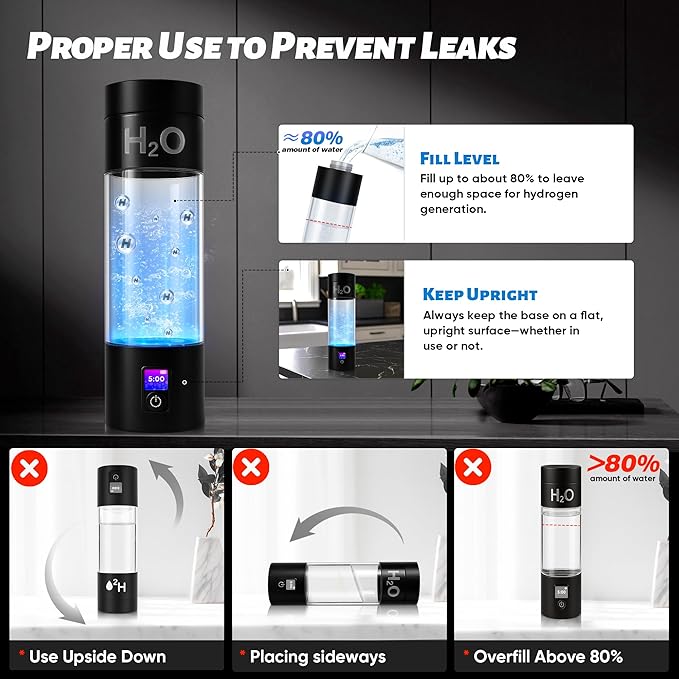Hydrogen Water Bottle Generator - 6000PPB High Concentration, SPE PEM Tech, Portable 9Oz Hydrogen Water Ionizer, Rechargeable Rapid Hydrogen Boost, Travel Friendly with Bottle Adapter, Black