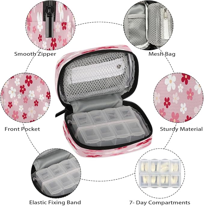 Flower Pink Pattern Pill Case Travel Pill Organizer Weekly 7 Day Portable with Zipper Medicine Box Pill Case for Vitamins, Birth Control,Fish Oils,Medication, Supplements