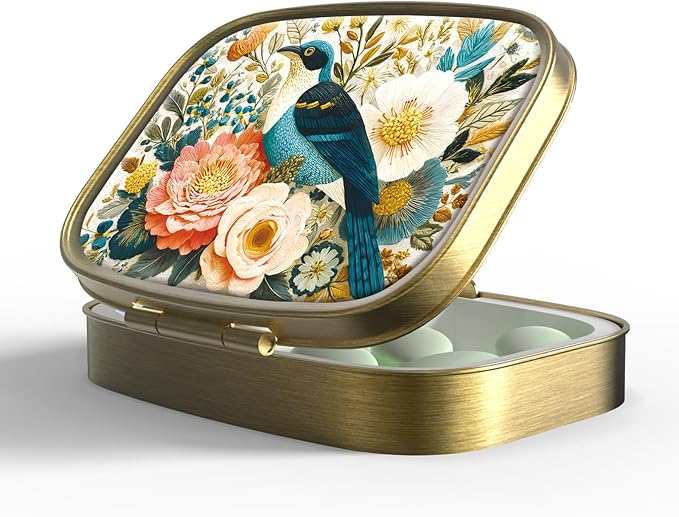 Small Pill Box Pill Case with Mirror Retro Pocket 2 Compartment Pill Holder for Purse or Pocket Bronze Portable Medicine Vitamin Container Fish Oil and Supplement Storage BPA-Free(Bird and Flower)