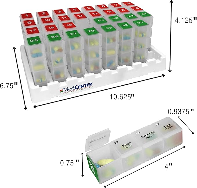 FSA HSA Eligible Monthly & Weekly Pill Organizer Set - 31 Day Pill Box with 4 Daily Compartments & 7 Day Travel Medication Organizer with Portable Nylon Case