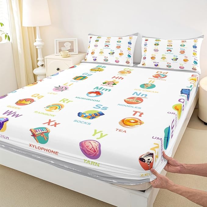 ABC Alphabet Fitted Sheet Queen Size, Cartoon Bedding Set Numbers Bed Sheet Set Kids Toddler Educational Learning Bed Cover with 2 Pillow Case (No Flat Sheet)