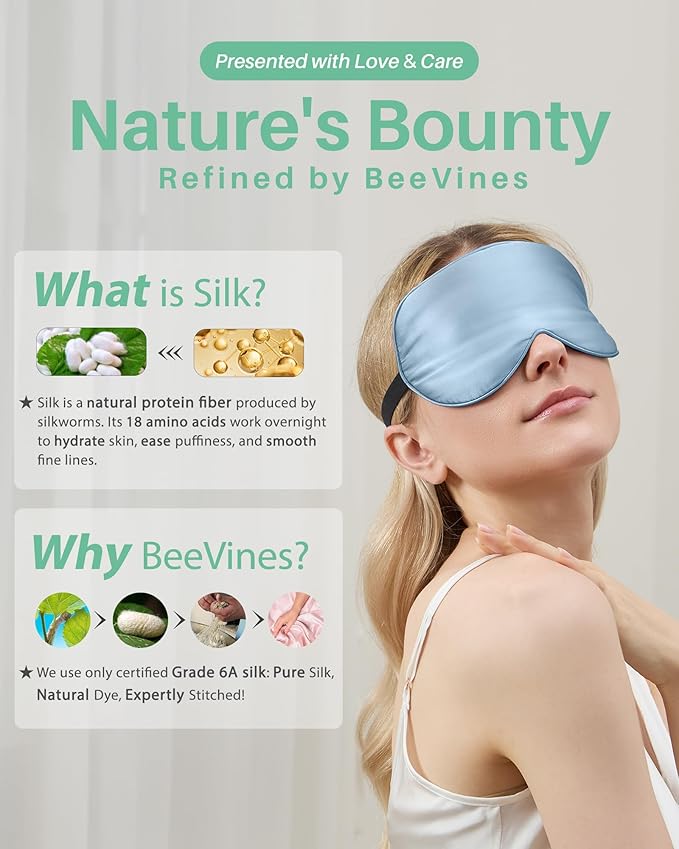 BeeVines Sleep Mask, 4 Packs 100% Real Natural Pure Silk Eye Masks with Adjustable Strap for Sleeping, Mulberry Silk Eye Sleep Shade Cover, Block Light Reduces Puffy Eyes Traveling Gifts(Light Blue)