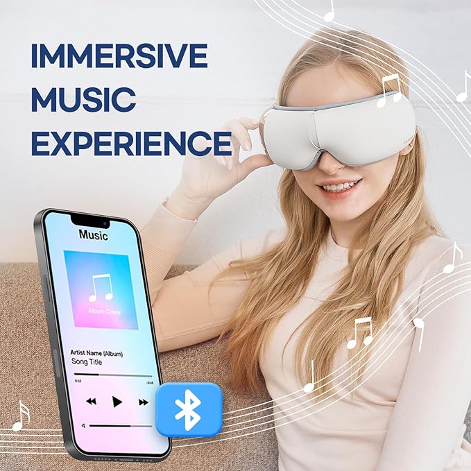 HubiCare Eye Massager with Heat, Vibration, and Music Helps Relieve Strain, Dark Circles, Dryness, and for Migraine Relief Relaxation and Better Sleep Valentines Day Gifts for Women/Men (White)
