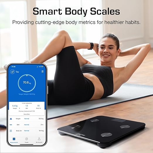 Active Era Digital Bathroom Bluetooth Scales Weight and Body Fat - Fit Track Scale Calculates BMI, Body Fat Percentage, Muscle Mass - Apple Health, Google Fit & Fitbit Compatibility (Black)