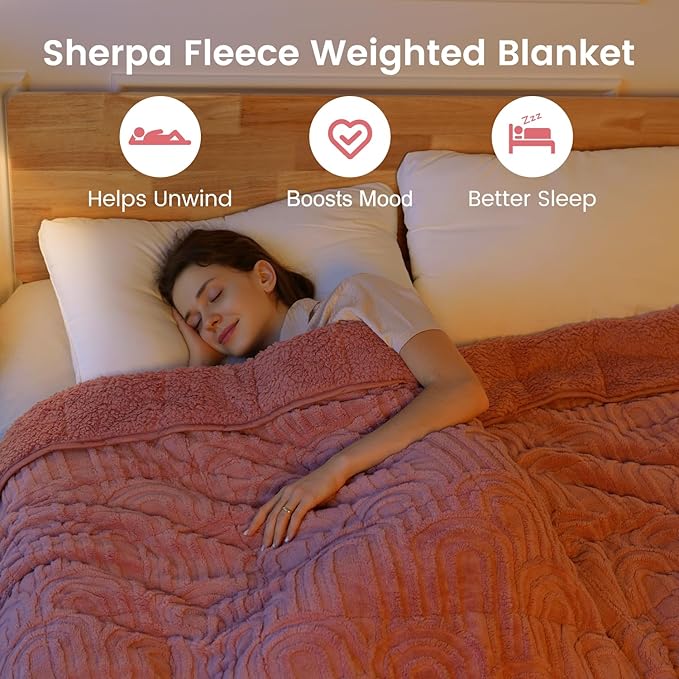 Sherpa Fleece Adult Weighted Blanket Great for Sleep, 20 lbs Dual Sided Soft Fuzzy Heavy Blankets for Couch Bed Sofa, Cozy Warm Arched Jacquard Throw for Winter (Apricot Pink, 60" x 80", 20 Pounds)