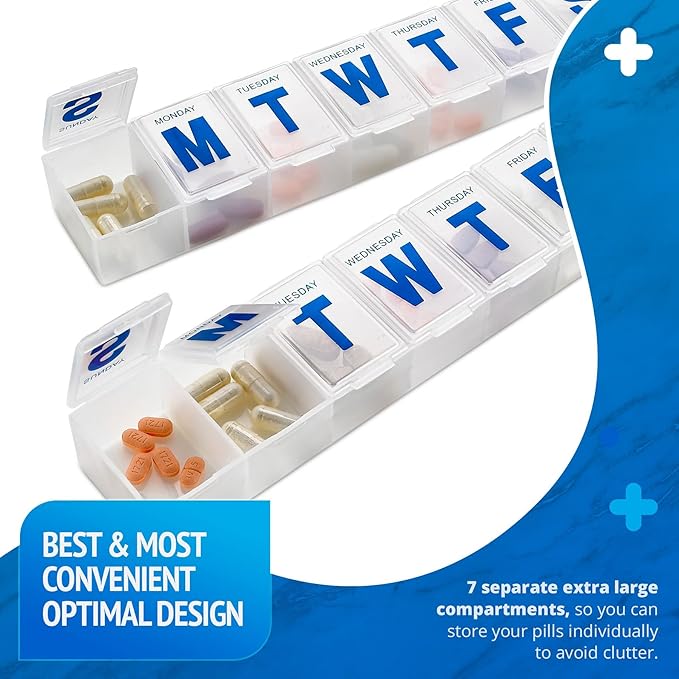 Weekly Pill Organizer - Extra Large Pill, Medicine, Vitamin Organizer Box, Weekly, Daily Planner Container with Easy to Read Letters, BPA Free - Daily Travel 7 Day Medication Pill Box Case