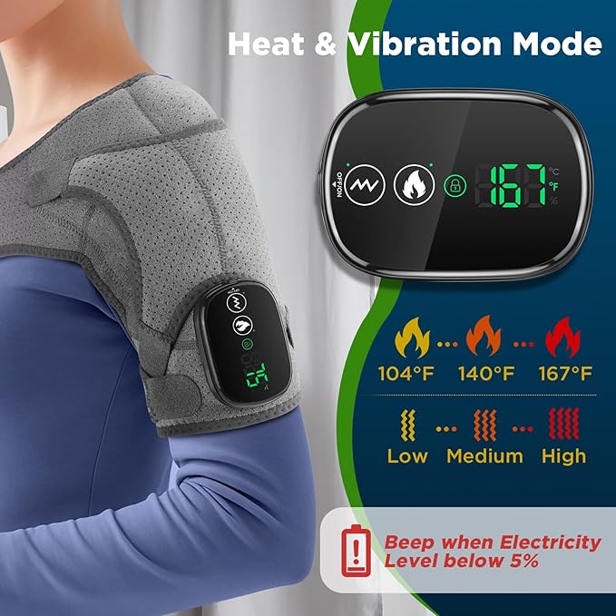 Cordless Shoulder Heating Pad, Heated Shoulder Brace for Men Women Rotator Cuff Pain Relief, Heated Shoulder Wrap with 3 Heat Levels and 3 Vibration Modes for Shoulder Discomfort Relief (Grey)