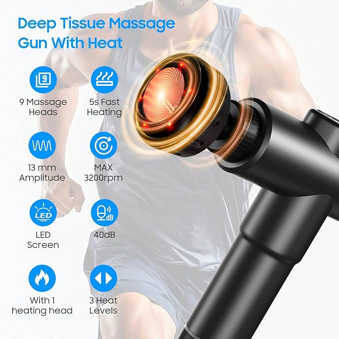 Massage Gun – Deep Tissue Muscle Massager for Pain Relief & Recovery, Massage Gun with Heat, 9 Massage Heads, Carrying Case, Handheld Electric Percussion Massager,