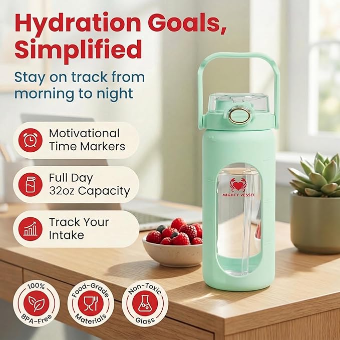 32 oz Glass Water Bottle – Light Green | Borosilicate with Time Markers, Flip Straw & Silicone Sleeve – Compact Leakproof Hydration for Travel or Office