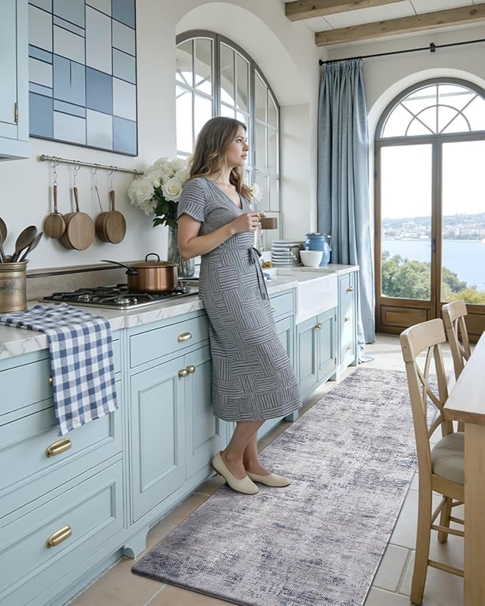 DEXI Kitchen Mats Cushioned Anti Fatigue, 23x86 Floor Padded Runner Rug Non Slip, Waterproof Standing Comfort Memory Foam for Front Sink Laundry, Blue
