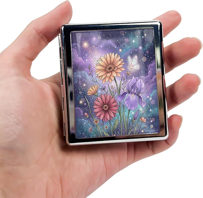 Metal 7 Day Pill Organizer, Cute Small Weekly Pill Case with 8 Compartments for Travel, Moisture-Proof Medicine Holder for Purse, Compact Daily Vitamin Box (Celestial Garden)