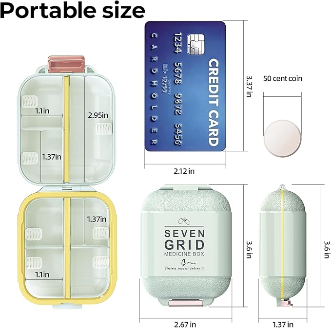 7 Compartments Travel Pill Organizer, Foldable Portable Airtight Daily Pill Box, Compact Pill Case for Purse & Pocket, BPA-Free Medicine Organizer for Vitamins Fish Oil Supplements (Green)