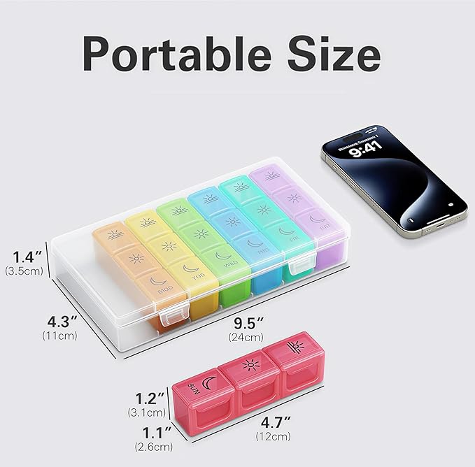 BUG HULL Pill Organizer 3 Times a Day, Weekly Pill Organizer 3 Times a Day, 7 Day Pill Box Cases Morning Noon Evening, Medicine Pill Organizer for Vitamin, Cod-Liver Oil, Supplements (Rainbow White)