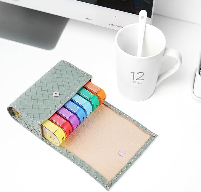 Pill Organizer,LIZIMANDU Weekly Travel Pill Case Box Medication Reminder Daily AM PM, Day Night 7 Compartments,for 4 Times A Day, 7 Days a Week-Includes Leather PU Carrying Case(1-Weave Green2)