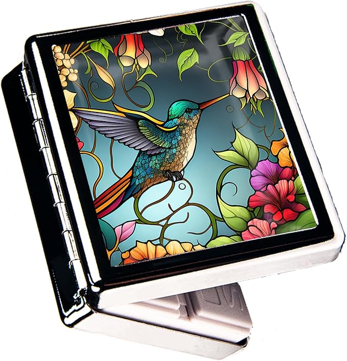 Travel Pill Organizer Small Pill Case for Purse Essentials 7 Days Cute Pill Box with Mirror Portable Pill Box for Pocket or Purse Pill Containe Travel Gifts (Stained Glass Hummingbird)