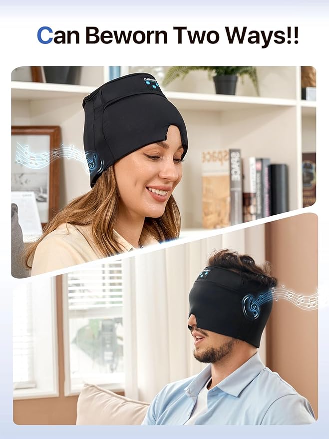 Wireless Migraine Relief Cap with Bluetooth Headphones, Sleep Headphones Ice Pack, Headache Relief Cap, Soothing Headache Ice Pack Sleep Mask, Face Cold Compress Head Wrap for Tension, Stress & Sleep