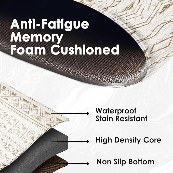 Arttown Anti Fatigue Mats for Kitchen Floor, Boho Moroccan Farmhouse Kitchen Mats Cushioned Anti Fatigue Rug, Waterproof Non-Slip Washable Kitchen Rugs and PVC - Brown/Cream