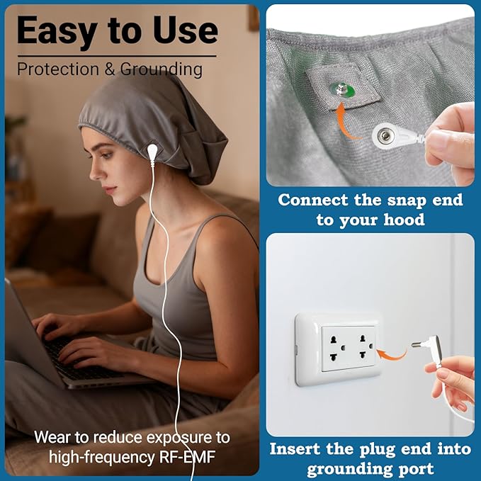 Grounding Hood Radiation Shielding Hat, Earth Connected Full Head Cover, Dual-Function Silver Fiber Faraday Protection Brain Coat