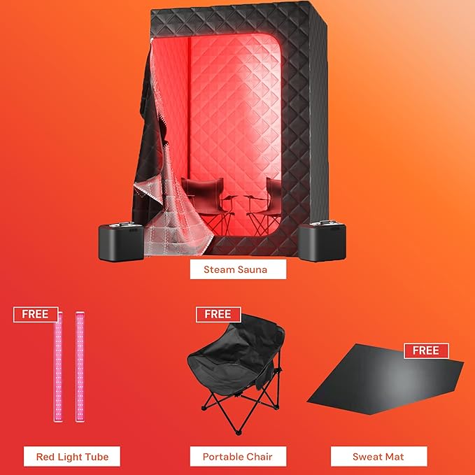 2 Person Portable Steam Sauna for Home with Two Red Light Therapy Panels Full Body Home Spa (Black)