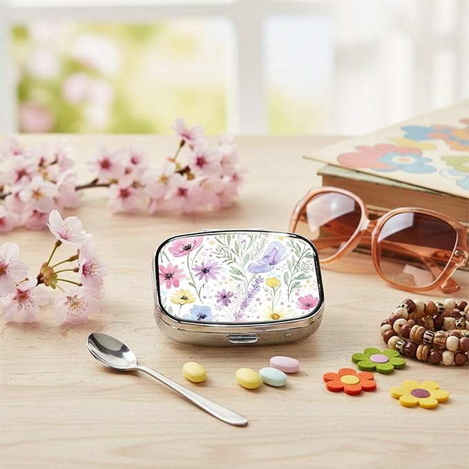 Square Pill Case Small Pill Box with Mirror Pocket 2 Compartment Vitamin Pill Medicine Case Organizer Pill Containers for Traveling Oil-Painted Wildflowers Two