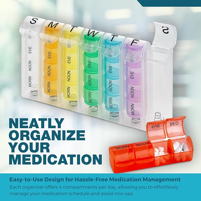 Weekly Pill Organizer - Pill Planners for Pills and Vitamins Day Week, 4 Times-a-Day Medication Reminder, AM PM Compartments Monday to Sunday for Travel or Purse (Case of 40)