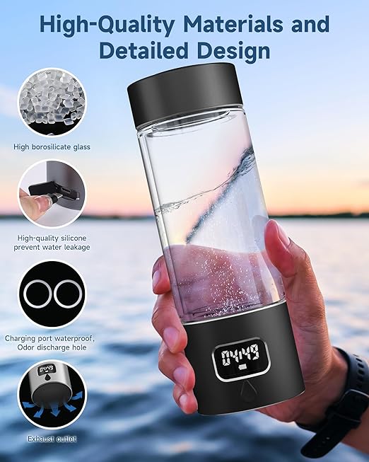 Hydrogen Water Bottle - Portable Rechargeable Water Bottle with LED Timer, Aluminum and Glass, 5000 PPB Hydrogen Production, Gift for Husband Wife Father Friend Client (Black, 11.6Oz)