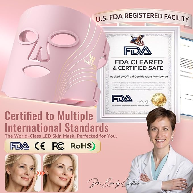 WAYCOM Red Light Therapy for Face: FDA-Cleared 4-Modes Portable LED Light Therapy Mask for Skincare - 400 Beads 850nm Infrared & Red Light Mask at Home with Timing Function Remote & Eye Protection