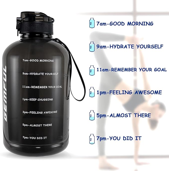 GEMFUL 3L Water Bottle with Straw & Time Marker Motivational Large Water Jug BPA-Free Leakproof Bottle 101oz for Gym Sports Fitness Hiking (Black with Removable Straw)
