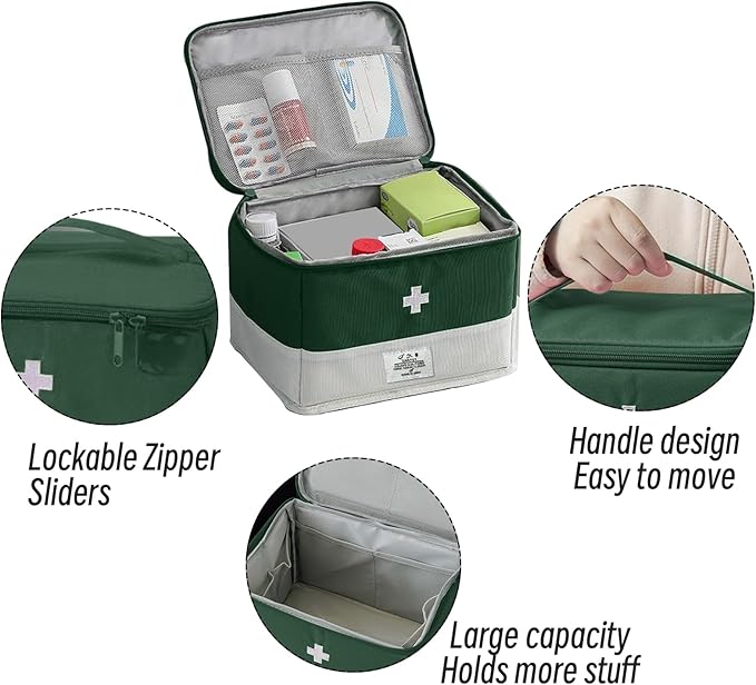 Travel Medicine Bag Organizer, Portable Medical Bag Empty, for Home, Travel, Camping, Car, Hiking & Outdoor Emergencies, Empty first aid box (Green)