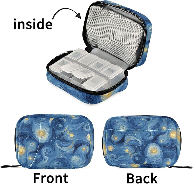 Starry Night Travel Pill Organizer Oil Painting Vitamin Planner Medicine Box Large Compartments Daily Pill Organizer