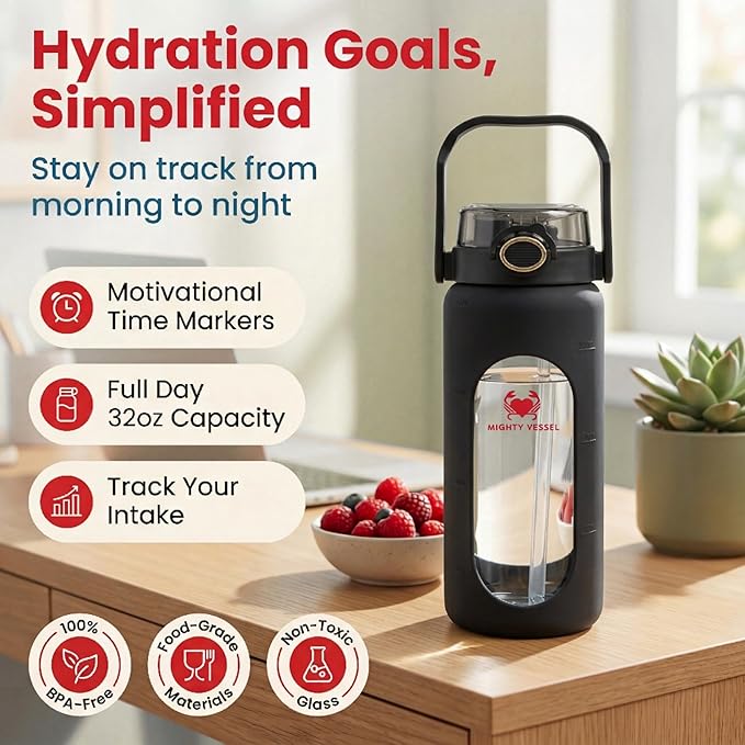 32 oz Glass Water Bottle – Black | Durable Borosilicate with Straw, Silicone Sleeve & Time Markers – Leakproof, Portable, for Gym, Office, Daily Hydration