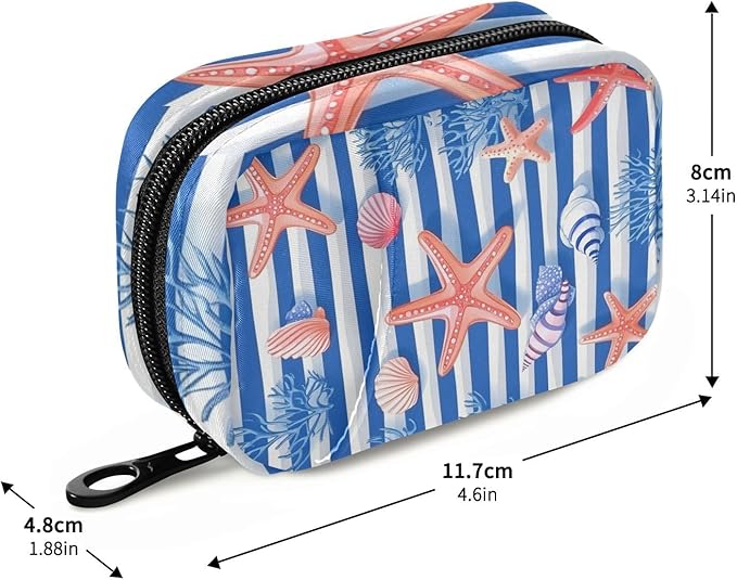Blue Stripes Starfish Seashells Corals Travel Pill Organizer Case Box Container Weekly Portable Vitamin Medicine Holder Storage Bag with Zipper Removable