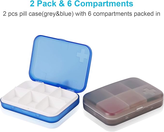 2PCS Portable Travel Pill Organizer Case for Pocket or Purse Cute Small Daily High Quality Pill Box Blue+ Grey(6 Compartments)