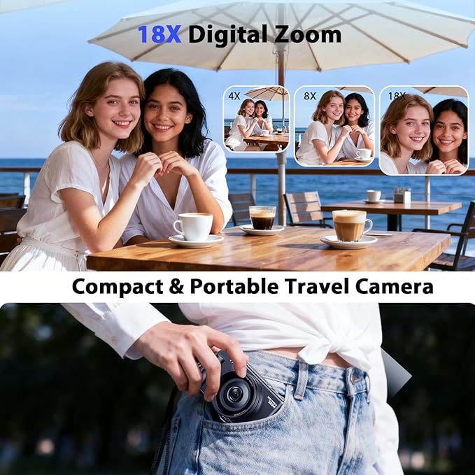 4K Digital Cameras for Photography, Compact Vlogging Camera with Flip Screen, 18X Digital Zoom YouTube Camera, Ideal for Bignners Boys Girls Black