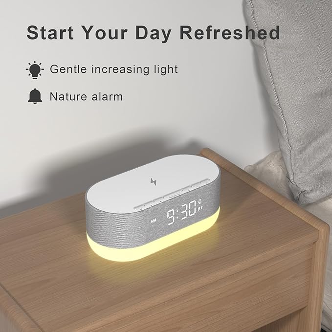 HOUSBAY 3 in 1 Sound Machine Alarm Clock& Wireless Charger: Soothing White Noise, Bluetooth Music Relaxation & Customized Sleep-Wake Routine