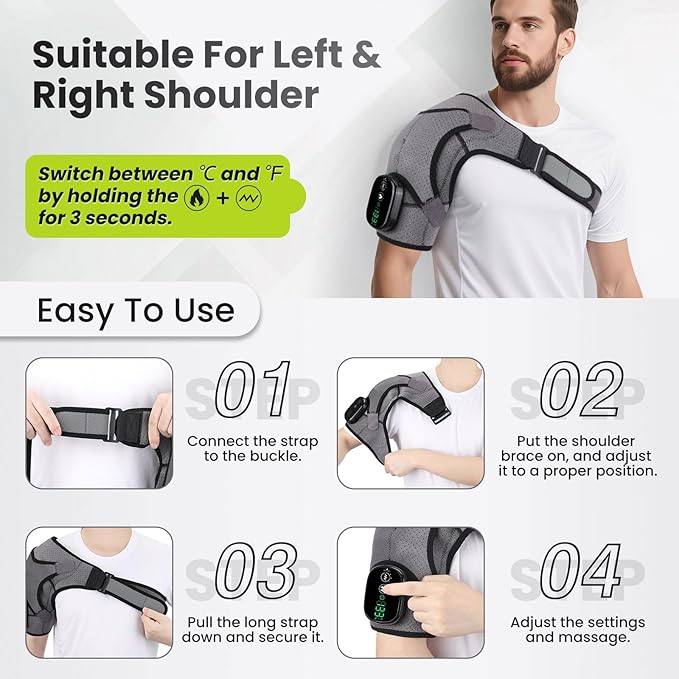 Cordless Shoulder Heating Pad with Vibration for Rotator Cuff Pain Relief, Arm Heated Massage Pad, Shoulder Support Brace with 3 Heating Levels & Vibration, Left or Right (Grey)