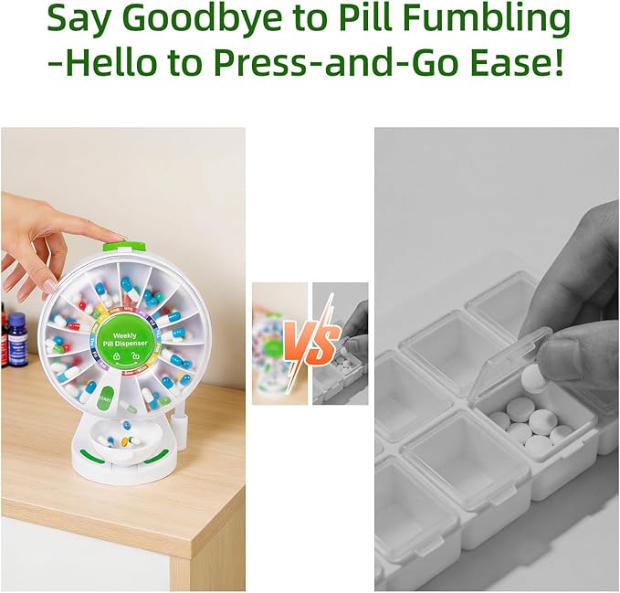 Weekly Pill Dispenser, 14 Compartment Pill Organizer with One-Press Button, Wall Mount or Countertop Medicine Dispenser with Cup, Easy Medication & Vitamin Organizer for Seniors (Green)