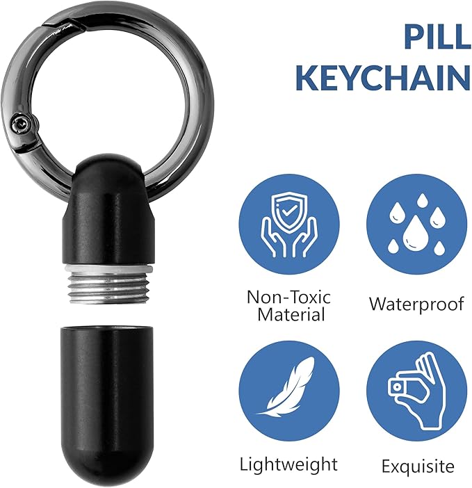 TISKY Small Keychain Pill Holder Titanium,Waterproof Tiny Pill Container with Keyring,Mini Portable Pill Case for Travel,Pill Organizer for Purse Pocket(Black)