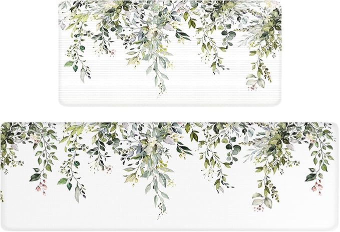 Bulijojo Green Eucalyptus Anti Fatigue Kitchen Floor Mats Set of 2 Waterproof Kitchen Sink Runner Rug Standing Mat Cushioned Kitchen Rugs Comfort Doormat 17"x47"+17"x28"