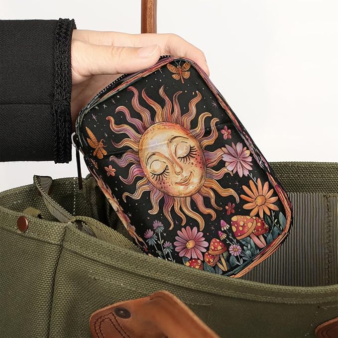 Flowers Sun Mushroom Butterfly Travel Pill Organizer Box Weekly Portable Pill Case Daily Pills 7 Day Small Birth Control Pills Container Removable Compartments for Medicine Vitamins Fish Oil
