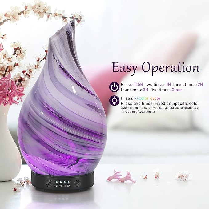 Essential Oil Diffuser Aromatherapy Diffuser - Art Glass Oil Diffuser with Auto Shut-Off Protection 4 Timer Setting 7 Colors Changed LED Night Light for Home Office Decor Gift (Grey Wave)