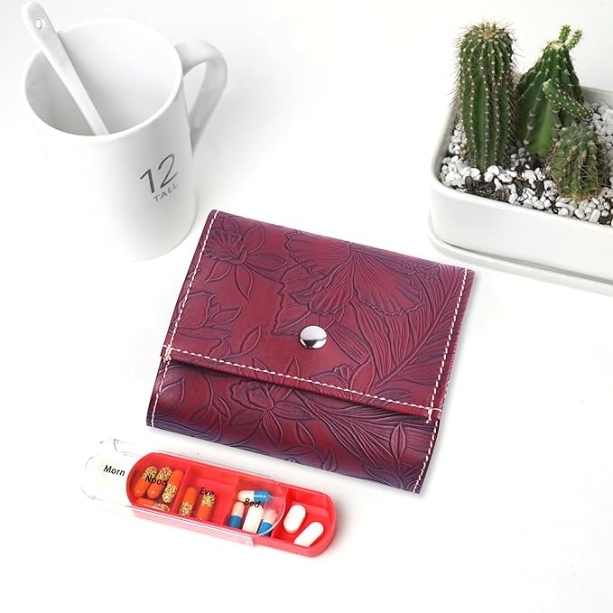 Pill Organizer,LIZIMANDU Weekly Travel Pill Case Box Medication Reminder Daily AM PM, Day Night 7 Compartments,for 4 Times A Day, 7 Days a Week-Includes Leather PU Carrying Case(1-Carved Red2)