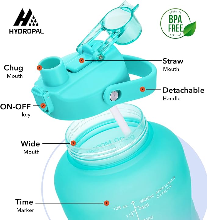 HydroPal 1 Gallon Water Bottles with Straw, 128 oz Water Bottle BPA Free Innovative 2-IN-1 Lid Gym Bottle with Times to Drink Motivational, Large for Sports Fitness Camping Water Jug （13.8X5.5 inch）