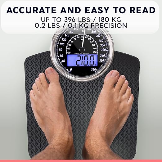 Adamson Hybrid 2-in-1 Analog & Digital Weighing Scale for Body Weight up to 400lbs - Thick Tempered Glass - Extra Large Display - Easy to Read Digital Bathroom Scale - Black Matrix with Blue Backlight