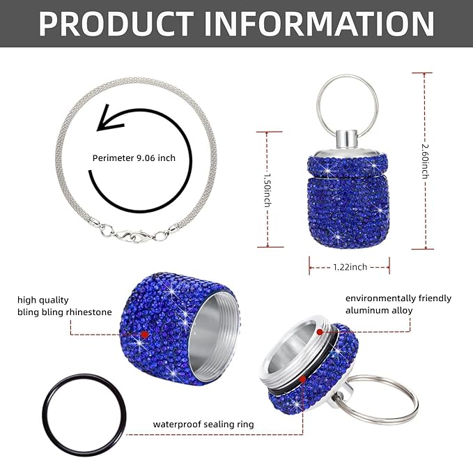 Rhinestone Pill Box Bling Pill Holder Keychian Aluminum Pill Container Mini Cylinder Pill Case Organizer for Purse Keychain Pill Bottle Vitamin Medicine Tracker (Blue)